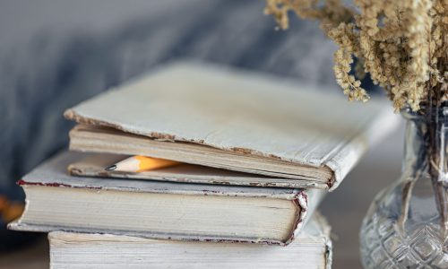 A stack of old books and a vase of dried flowers on a blurred background.