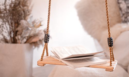 Modern cozy interior of the living room with a hanging swing.