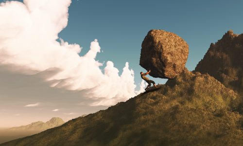 3D render of a male figure pushing a huge rock up a mountain