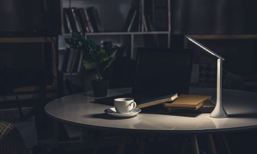 Workplace with laptop, books and a cup of coffee late at night by the light of the lamp.